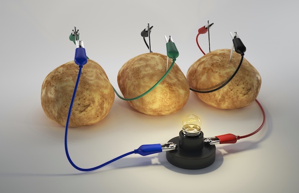 Harygit (n.d.). Electricity From Potato Battery on white background. Bio battery. 3D Render. [Digital Photograph], Shutterstock.